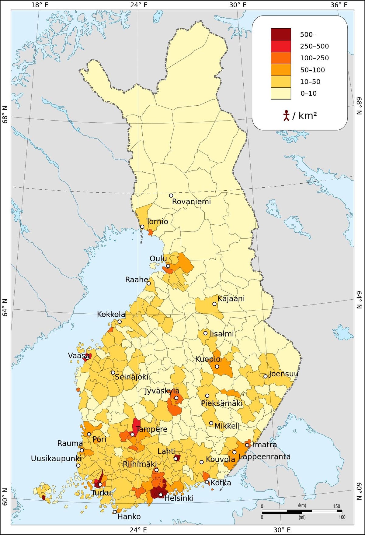 Finnország népsűrűség térkép